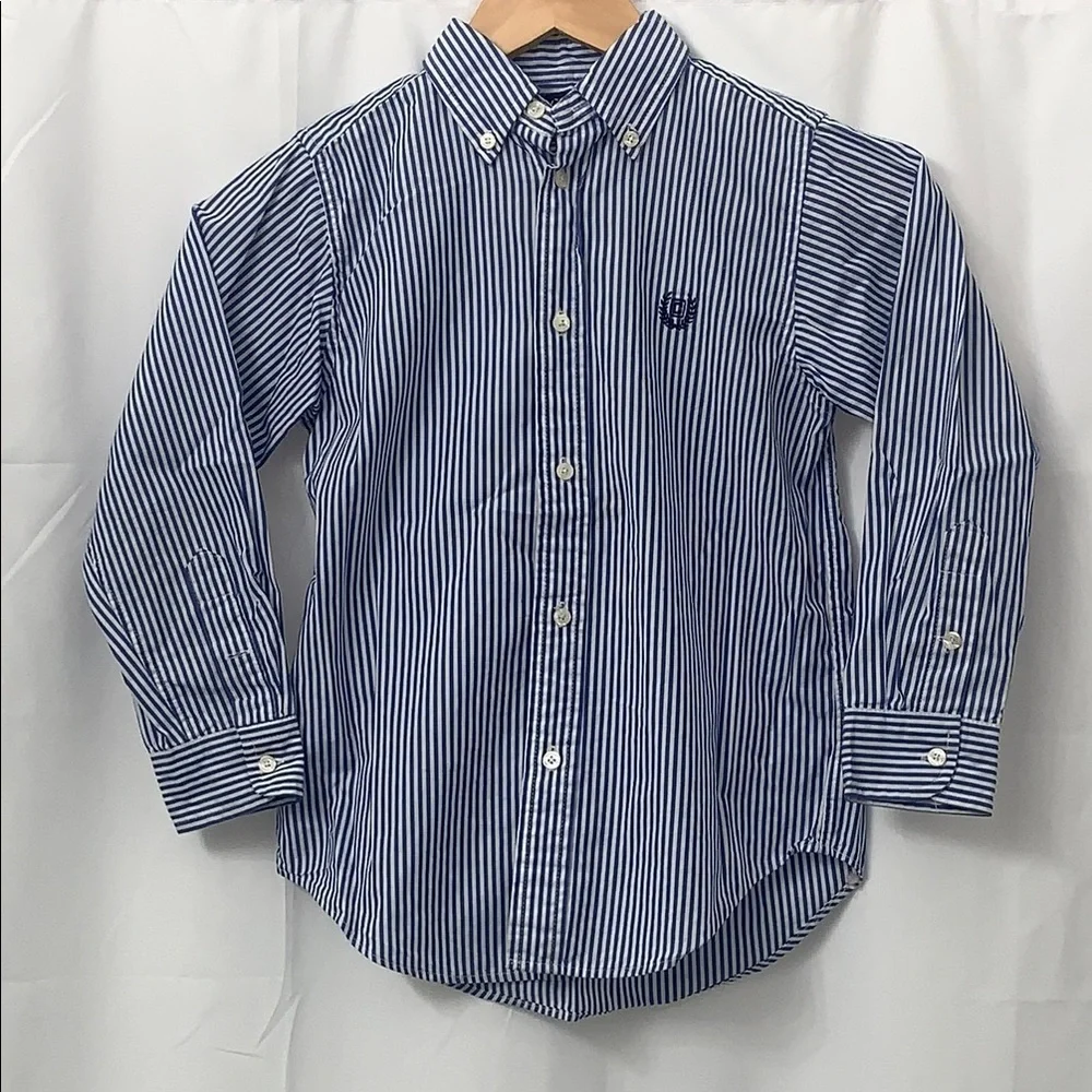 Boys Chaps Blue & White Striped Long Sleeve Button Down Shirt Size 7 EUC